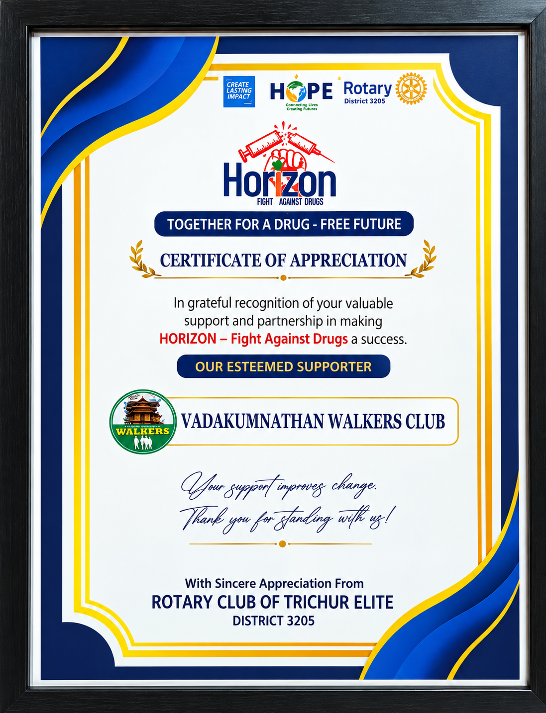 Rotary Club Appreciation Certificate